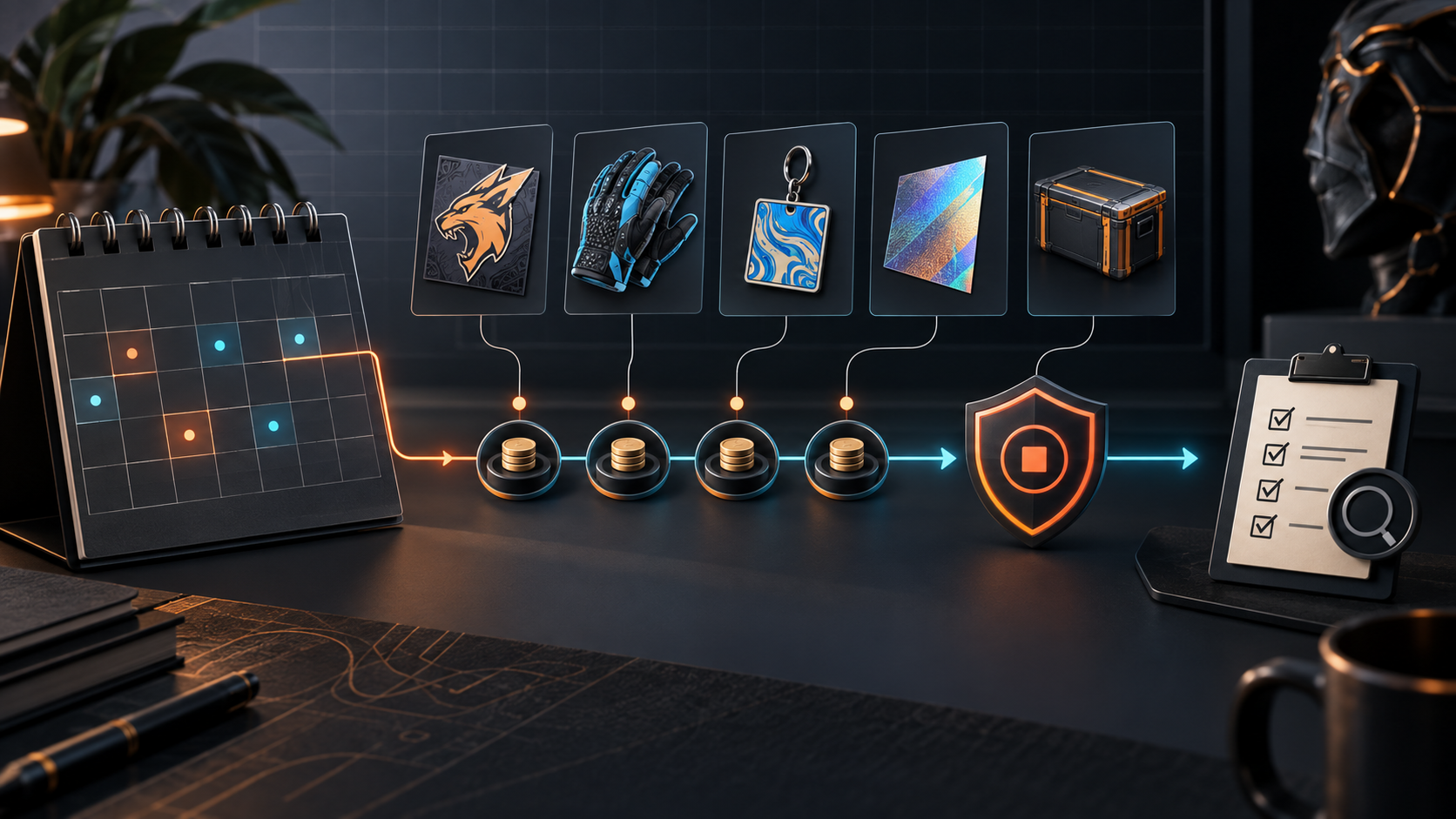 Budget dial, calendar, and shield representing CS2 AutoBuy spending controls
