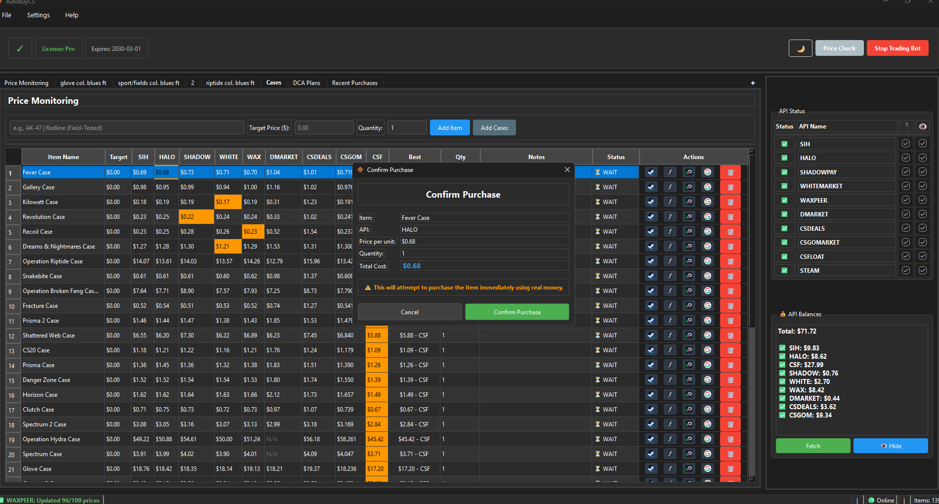 Confirm purchase modal showing item, API, price per unit, quantity, and total cost
