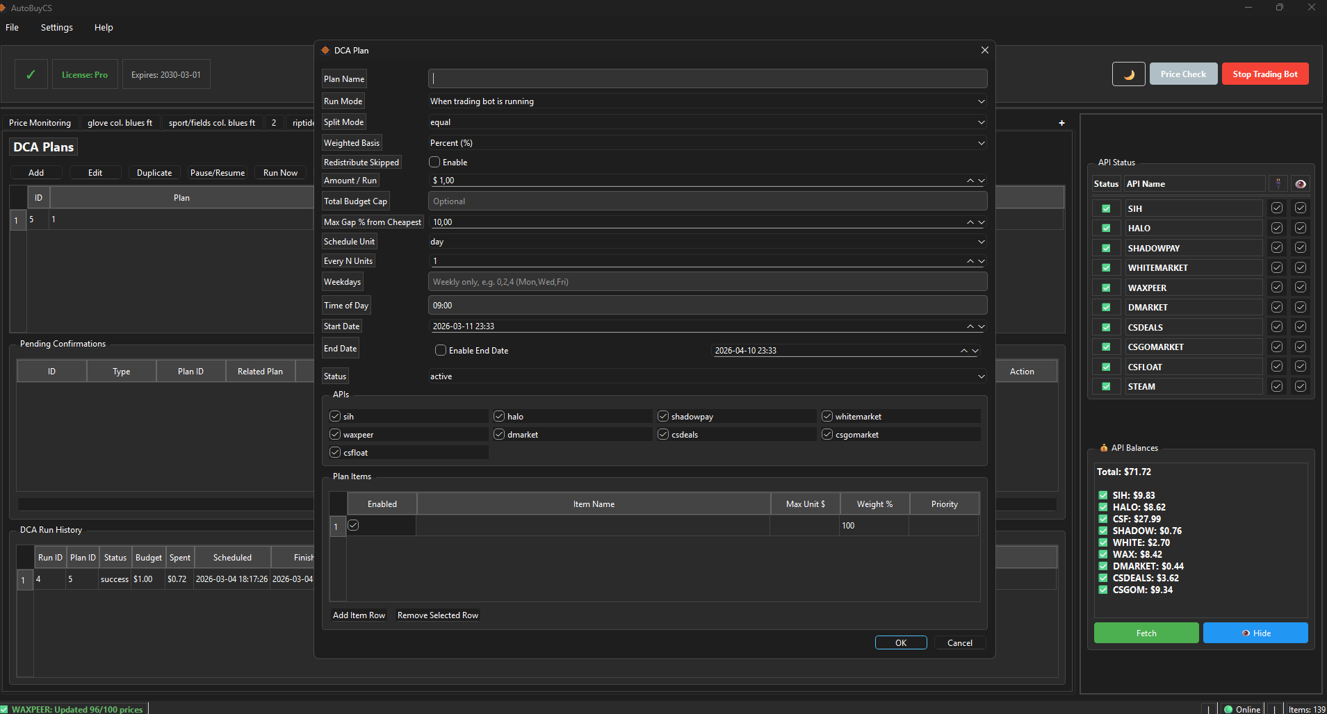 DCA plan editor with schedule, run mode, amount per run, APIs, and plan items