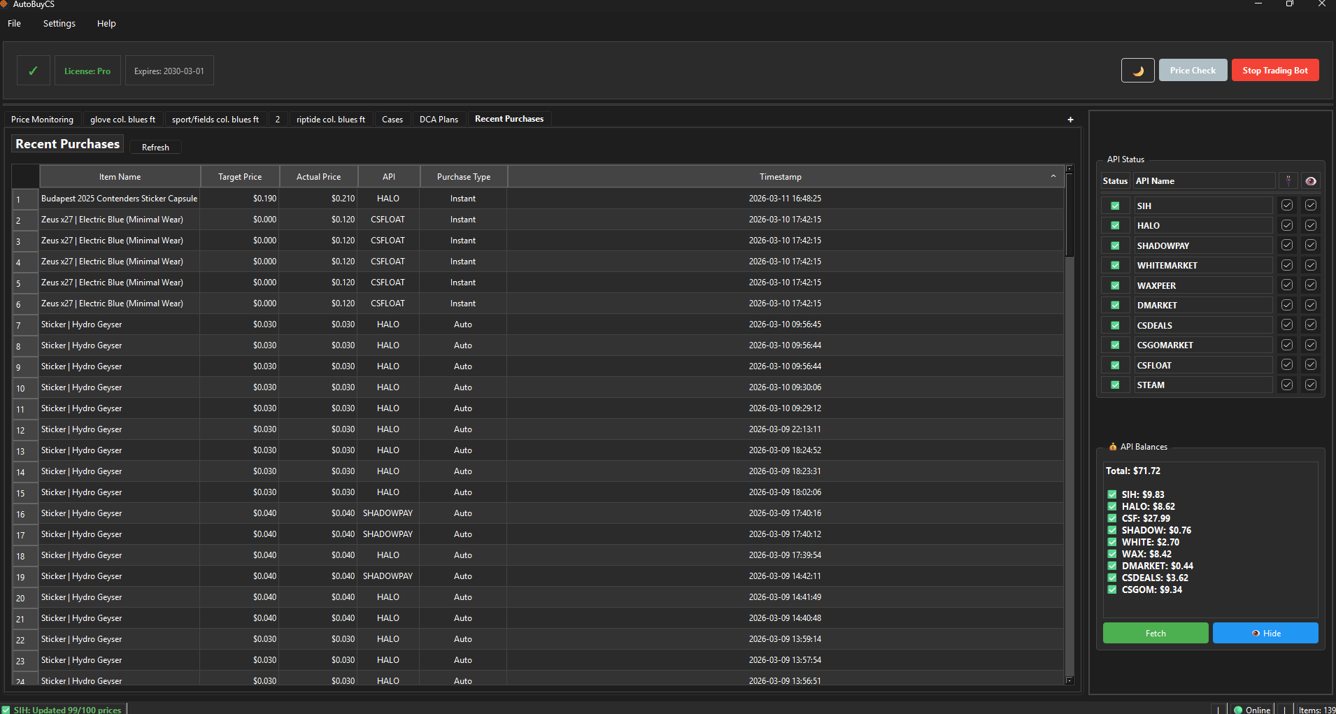 Recent purchases table with item, target price, actual price, API source, type, and timestamp